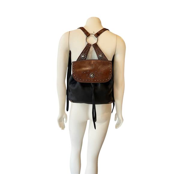 Ralph Lauren Purple Label Studded Two Tone Leather Backpack Black Brown - Picture 3 of 16